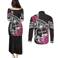 Guam Chamorro Couples Matching Puletasi and Long Sleeve Button Shirt Bougainvillea Black Polynesian Tribal Pattern