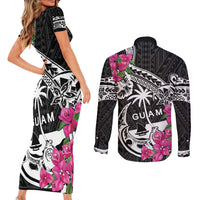 Guam Chamorro Couples Matching Short Sleeve Bodycon Dress and Long Sleeve Button Shirt Bougainvillea Black Polynesian Tribal Pattern