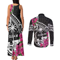 Guam Chamorro Couples Matching Tank Maxi Dress and Long Sleeve Button Shirt Bougainvillea Black Polynesian Tribal Pattern