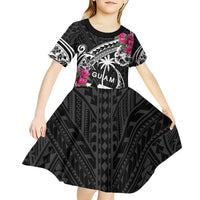Guam Chamorro Kid Short Sleeve Dress Bougainvillea Black Polynesian Tribal Pattern