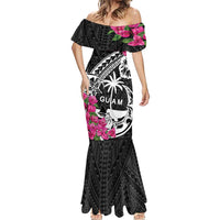 Guam Chamorro Mermaid Dress Bougainvillea Black Polynesian Tribal Pattern