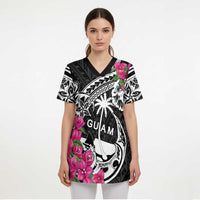 Guam Chamorro Scrub Top Bougainvillea Black Polynesian Tribal Pattern - Polynesian Pride