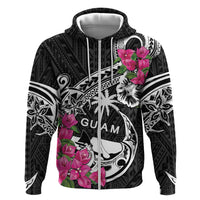 Guam Chamorro Zip Hoodie Bougainvillea Black Polynesian Tribal Pattern