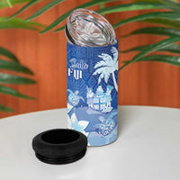 Bula Fiji 4 in 1 Can Cooler Tumbler Fijian Masi Pattern With Blue Coat Of Arms