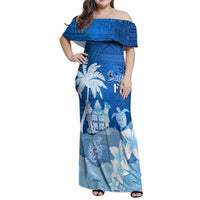 Personalised Bula Fiji Family Matching Off Shoulder Maxi Dress and Hawaiian Shirt Fijian Masi Pattern With Blue Coat Of Arms LT05 Mom's Dress Blue - Polynesian Pride