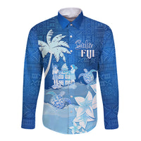 Personalised Bula Fiji Long Sleeve Button Shirt Fijian Masi Pattern With Blue Coat Of Arms LT05 Unisex Blue - Polynesian Pride