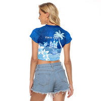 Personalised Bula Fiji Raglan Cropped T Shirt Fijian Masi Pattern With Blue Coat Of Arms LT05 - Polynesian Pride