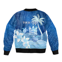 Personalised Bula Fiji Sleeve Zip Bomber Jacket Fijian Masi Pattern With Blue Coat Of Arms LT05 - Polynesian Pride