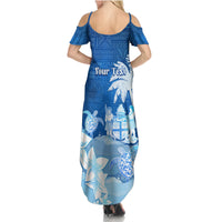 Personalised Bula Fiji Summer Maxi Dress Fijian Masi Pattern With Blue Coat Of Arms LT05 - Polynesian Pride