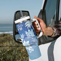 Bula Fiji Tumbler With Handle Fijian Masi Pattern With Blue Coat Of Arms