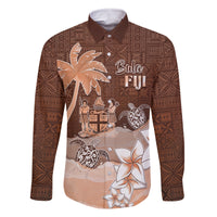 Personalised Bula Fiji Family Matching Mermaid Dress and Hawaiian Shirt Fijian Masi Pattern With Brown Coat Of Arms LT05 Dad's Shirt - Long Sleeve Brown - Polynesian Pride