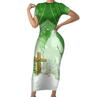 Happy Palm Sunday Short Sleeve Bodycon Dress With Polynesian Pattern LT05 Long Dress Green - Polynesian Pride