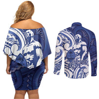 Guam Chief Kepuha Couples Matching Off Shoulder Short Dress and Long Sleeve Button Shirt Chamorro Pride