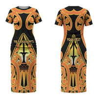 Personalised New Zealand Te Tairawhiti Family Matching Short Sleeve Bodycon Dress and Hawaiian Shirt Maori Koru Pattern LT05 Mom's Dress Orange - Polynesian Pride