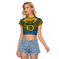 Vanuatu Sanma Province Raglan Cropped T Shirt Coat Of Arms And Namele Fern Polynesian Pattern LT05 Female Yellow - Polynesian Pride
