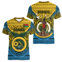Vanuatu Sanma Province Women V Neck T Shirt Coat Of Arms And Namele Fern Polynesian Pattern LT05 - Polynesian Pride