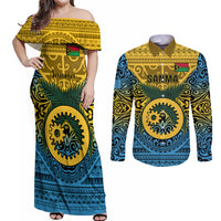 Personalized Vanuatu Sanma Province Couples Matching Off Shoulder Maxi Dress and Long Sleeve Button Shirts Coat Of Arms And Namele Fern Polynesian Pattern LT05 Yellow - Polynesian Pride