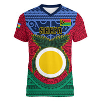 Vanuatu Shefa Province Women V Neck T Shirt Coat Of Arms And Namele Fern Polynesian Pattern LT05 Female Red - Polynesian Pride