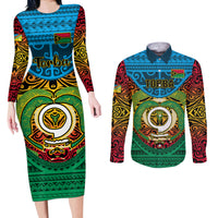 Personalized Vanuatu Torba Province Couples Matching Long Sleeve Bodycon Dress and Long Sleeve Button Shirts Vanuatuan Coat Of Arms Polynesian Pattern LT05 Green - Polynesian Pride