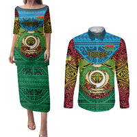 Personalized Vanuatu Torba Province Couples Matching Puletasi Dress and Long Sleeve Button Shirts Vanuatuan Coat Of Arms Polynesian Pattern LT05 Green - Polynesian Pride