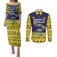 Tokelau Christmas Couples Matching Puletasi and Long Sleeve Button Shirt Tokelauan Turtle Santa Sleigh LT05 Yellow - Polynesian Pride