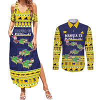Tokelau Christmas Couples Matching Summer Maxi Dress and Long Sleeve Button Shirt Tokelauan Turtle Santa Sleigh LT05 Yellow - Polynesian Pride