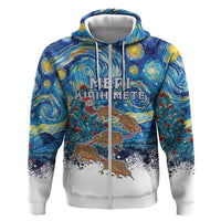 New Zealand Christmas Zip Hoodie Kiwis Santa Sleigh Starry Night Style LT05 Zip Hoodie Blue - Polynesian Pride