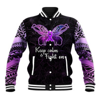 Pancreatic Cancer Awareness Baseball Jacket Keep Calm And Fight On Polynesian Pattern LT05 Unisex Purple - Polynesian Pride