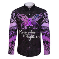 Pancreatic Cancer Awareness Family Matching Off Shoulder Maxi Dress and Hawaiian Shirt Keep Calm And Fight On Polynesian Pattern LT05 Dad's Shirt - Long Sleeve Purple - Polynesian Pride