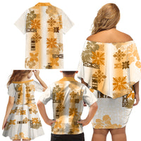 Hawaiian Quilt Family Matching Off Shoulder Short Dress and Hawaiian Shirt Vintage Pattern Brown LT05 - Polynesian Pride