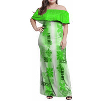 Hawaiian Quilt Family Matching Off Shoulder Maxi Dress and Hawaiian Shirt Vintage Pattern Green LT05 Mom's Dress Green - Polynesian Pride