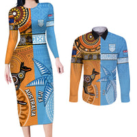 Custom Fiji Tapa And Australia Aboriginal Together Couples Matching Long Sleeve Bodycon Dress and Long Sleeve Button Shirt LT05 Blue - Polynesian Pride