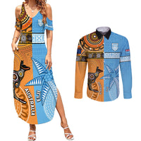 Custom Fiji Tapa And Australia Aboriginal Together Couples Matching Summer Maxi Dress and Long Sleeve Button Shirt LT05 Blue - Polynesian Pride