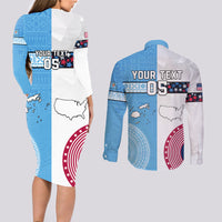 Custom Fiji And USA Palm Tree With Eagle Couples Matching Long Sleeve Bodycon Dress and Long Sleeve Button Shirt LT05 - Polynesian Pride