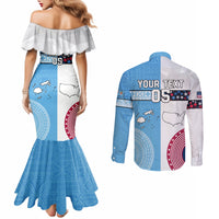 Custom Fiji And USA Palm Tree With Eagle Couples Matching Mermaid Dress and Long Sleeve Button Shirt LT05 - Polynesian Pride