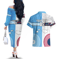 Custom Fiji And USA Palm Tree With Eagle Couples Matching Off The Shoulder Long Sleeve Dress and Hawaiian Shirt LT05 - Polynesian Pride