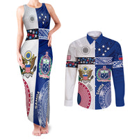 Custom Samoa And USA Together Couples Matching Tank Maxi Dress and Long Sleeve Button Shirt LT05 Blue - Polynesian Pride