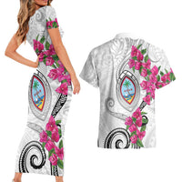 Guam Chamorro Couples Matching Short Sleeve Bodycon Dress and Hawaiian Shirt Curves Polynesian Tattoo Mix Bougainvillea