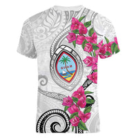 Guam Chamorro Women V-Neck T-Shirt Curves Polynesian Tattoo Mix Bougainvillea