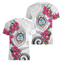Guam Chamorro Women V-Neck T-Shirt Curves Polynesian Tattoo Mix Bougainvillea