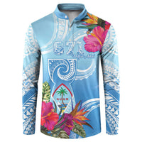 Hafa Adai Guam Button Sweatshirt Tropical Flowers Blue Gradient