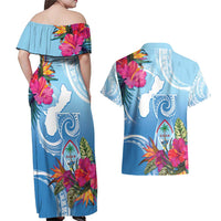 Hafa Adai Guam Couples Matching Off Shoulder Maxi Dress and Hawaiian Shirt Tropical Flowers Blue Gradient