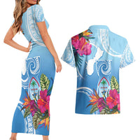 Hafa Adai Guam Couples Matching Short Sleeve Bodycon Dress and Hawaiian Shirt Tropical Flowers Blue Gradient