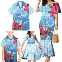 Hafa Adai Guam Family Matching Mermaid Dress and Hawaiian Shirt Tropical Flowers Blue Gradient