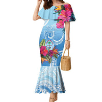 Hafa Adai Guam Family Matching Mermaid Dress and Hawaiian Shirt Tropical Flowers Blue Gradient