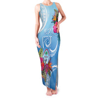 Hafa Adai Guam Family Matching Tank Maxi Dress and Hawaiian Shirt Tropical Flowers Blue Gradient
