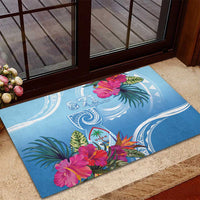 Hafa Adai Guam Rubber Doormat Tropical Flowers Blue Gradient