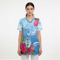 Hafa Adai Guam Scrub Top Tropical Flowers Blue Gradient - Polynesian Pride