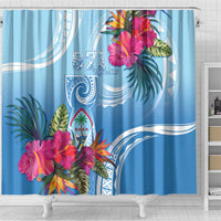 Hafa Adai Guam Shower Curtain Tropical Flowers Blue Gradient