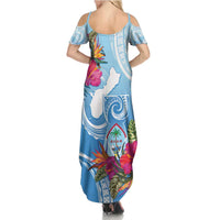 Hafa Adai Guam Summer Maxi Dress Tropical Flowers Blue Gradient
